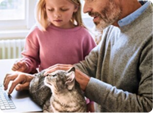 Un maître caresse un chat noir aux traits blancs